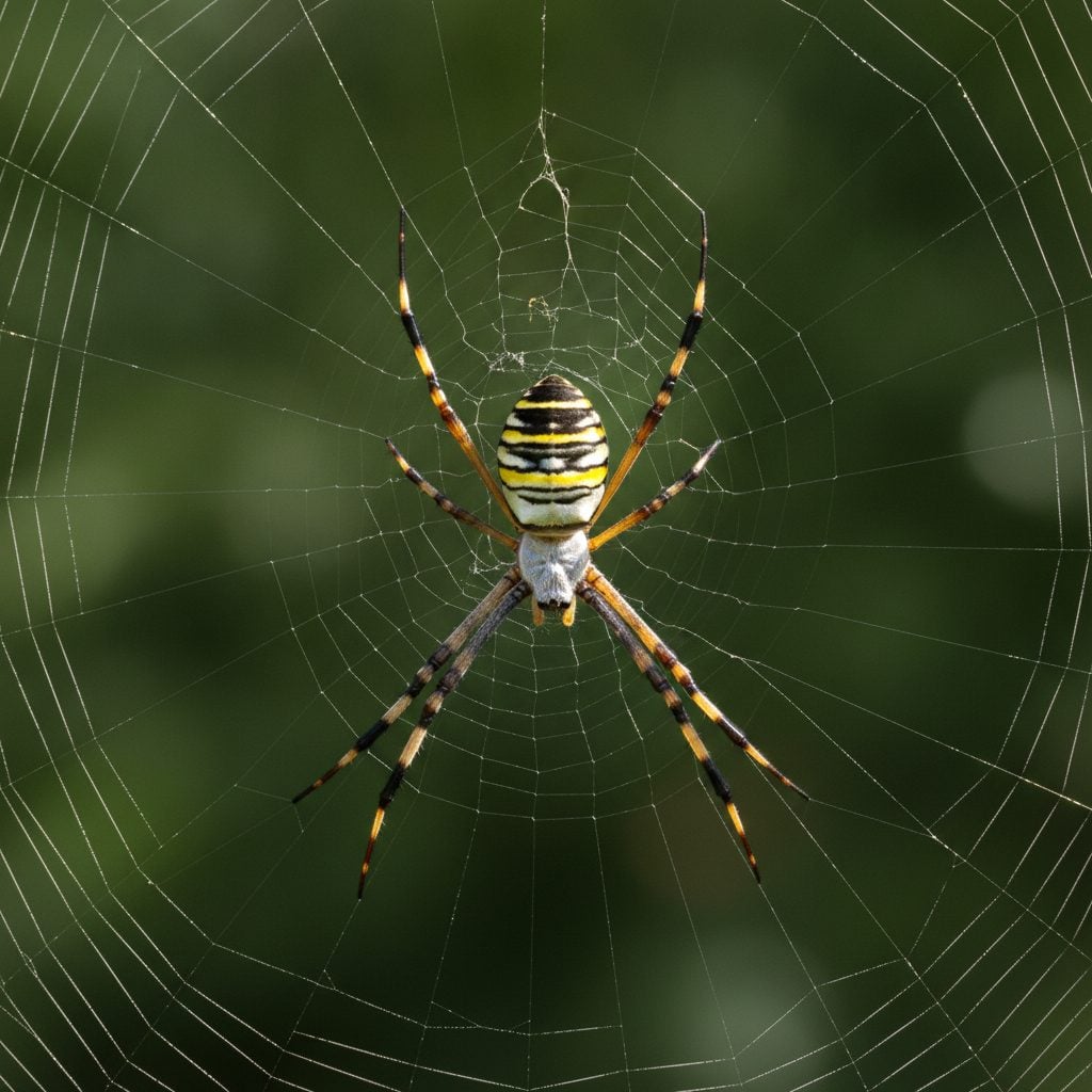 Giant Joro spider on a gold-tinted orb web stretched between two pine trees in a sunlit southeastern backyard in late summer.