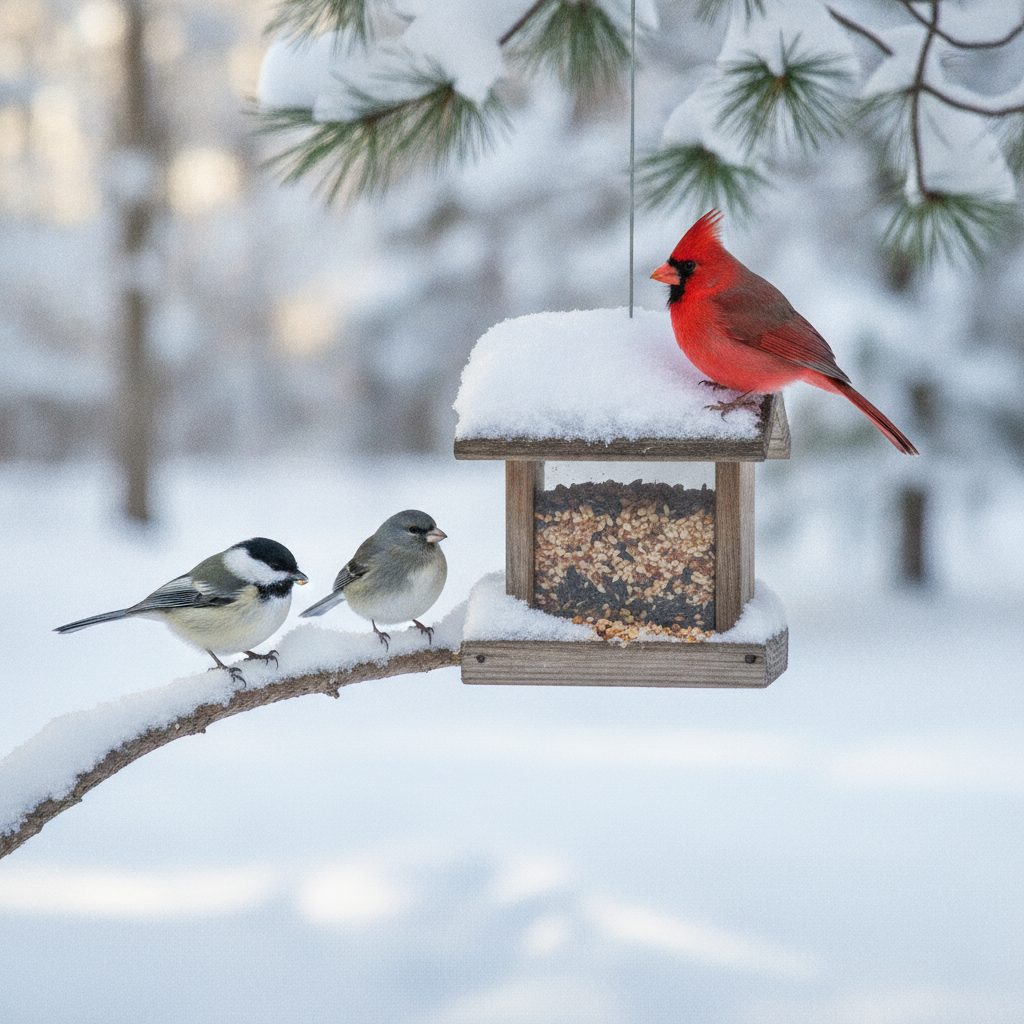 Chickadee, junco, and cardinal at a snowy backyard feeder on a bright February morning, representing the Great Backyard Bird Count 2026.
