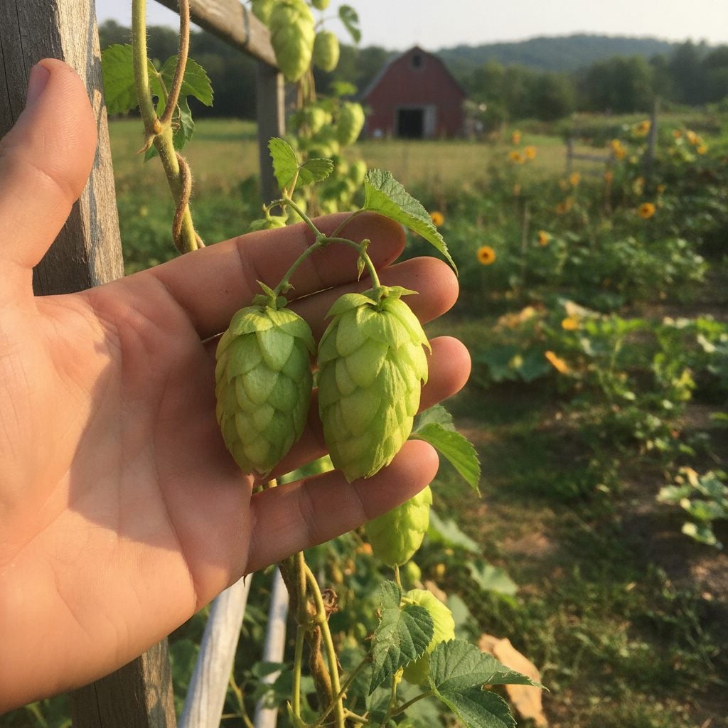 Home gardener holding a fresh green hop cone on a backyard trellis, showing how to grow hops at home in late summer.