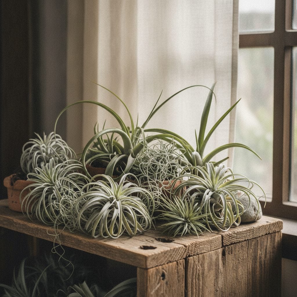Growing air plants (Tillandsia) on a rustic wooden shelf beside a sunny window with filtered natural light for indirect indoor care.