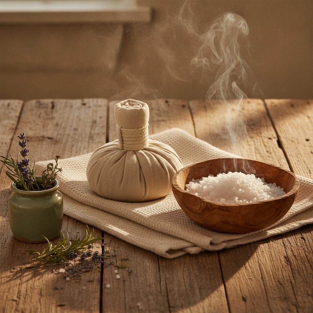 Warm linen compress and a bowl of steaming sea salt on a farmhouse table, demonstrating heat therapy tools for chronic pain relief and muscle stiffness at home.
