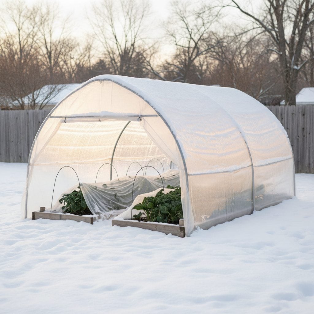 Small backyard hoop house dusted with snow, kale and spinach growing under a floating row cover, an example of hoop house winter growing.