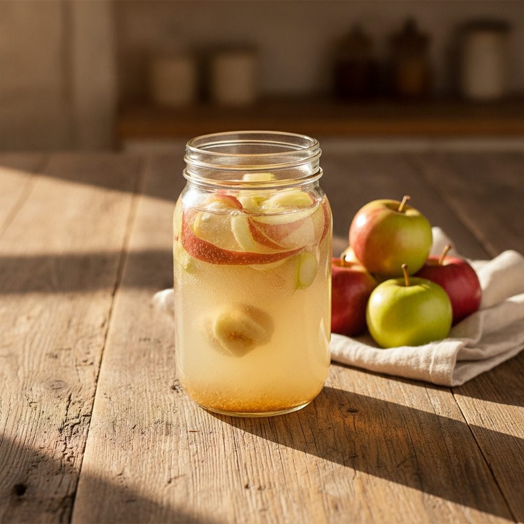 Homemade apple cider vinegar fermenting in a quart Mason jar with apple peels and cores on a wooden farmhouse table
