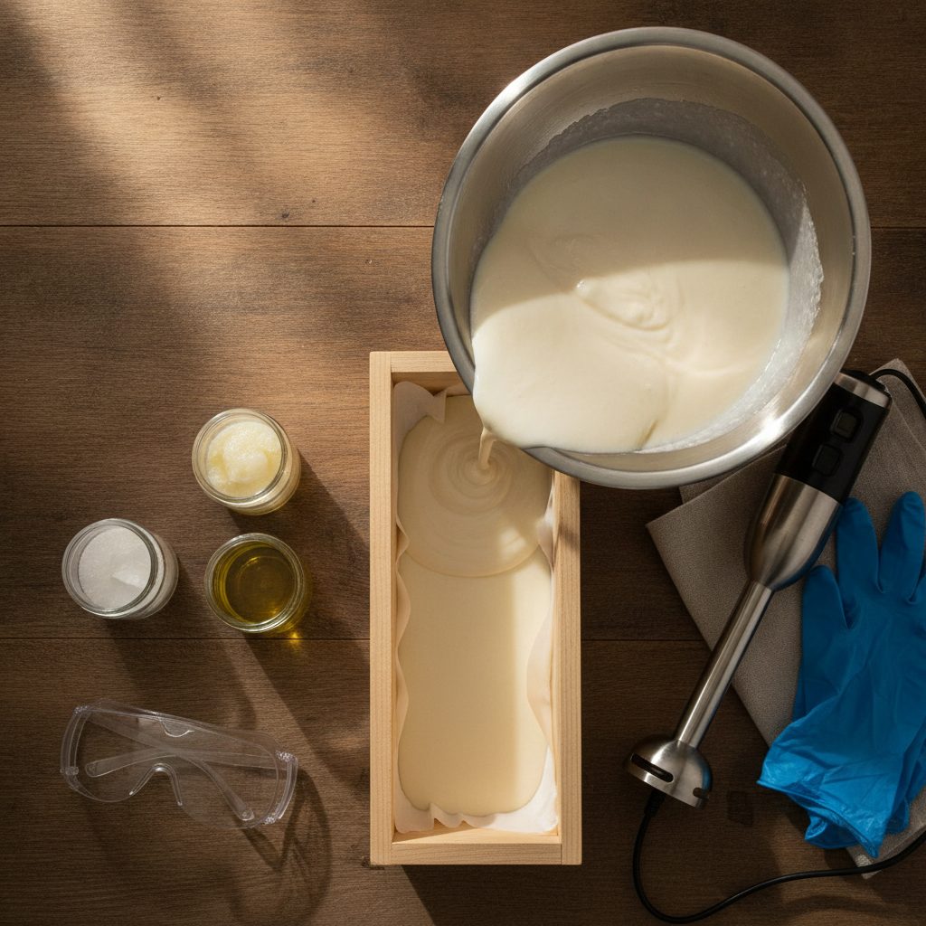 Pouring pale cold process soap batter into a wooden mold on a kitchen counter, showing how to make soap at home