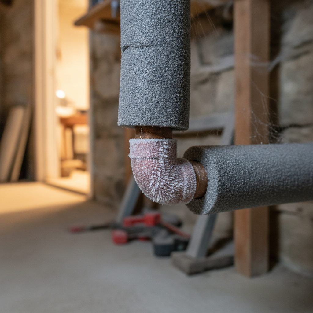 Copper household pipe wrapped in gray foam insulation with frost on the joint, showing how to prevent frozen pipes in an unheated basement