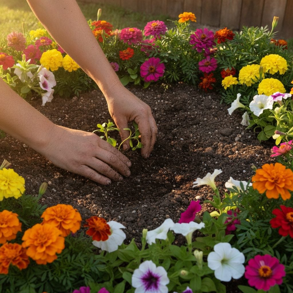 Gardener planting marigolds and petunias in a freshly prepared bed, one simple way to start a flower garden