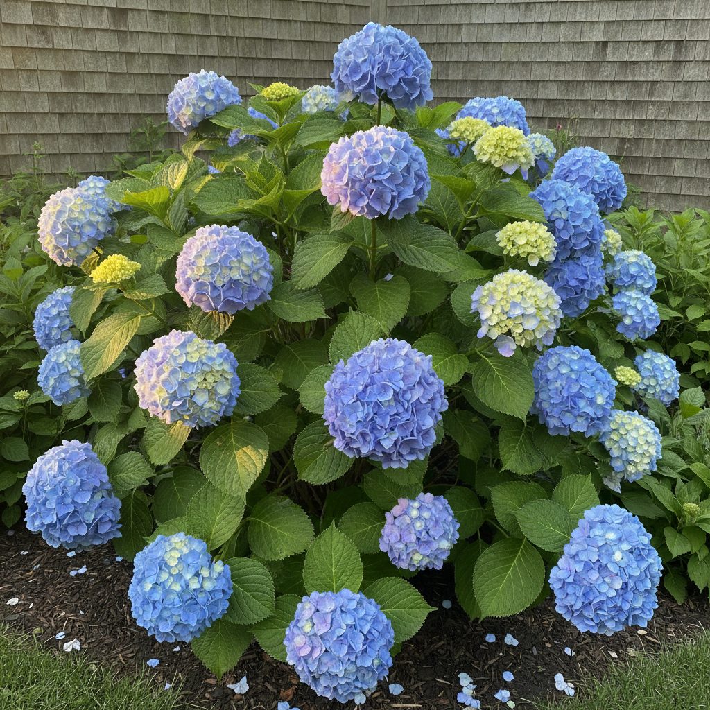 Healthy blue mophead bigleaf hydrangea shrub in full bloom in a shaded backyard garden, showing what a non blooming plant should look like