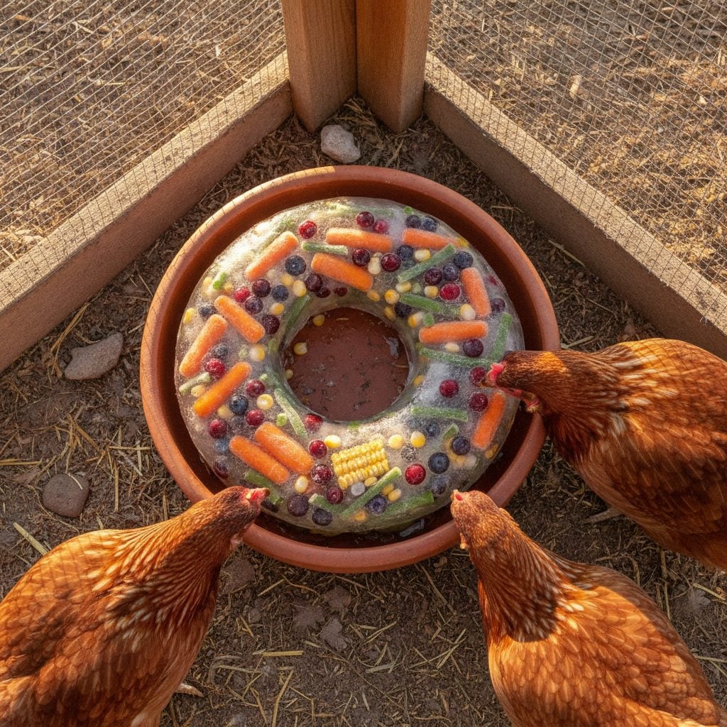 Large ring-shaped ice wreath studded with carrots, corn, cranberries and blueberries in a backyard chicken run with hens pecking around it.