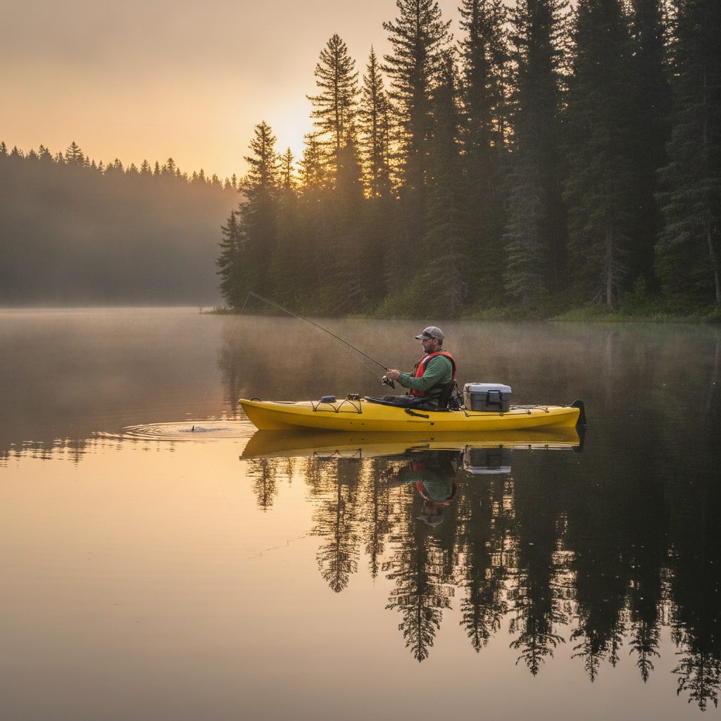 Solo angler kayak fishing at dawn on a mirror-calm North American lake with a spinning rod bent and pine shoreline lit gold behind the sit-on-top kayak