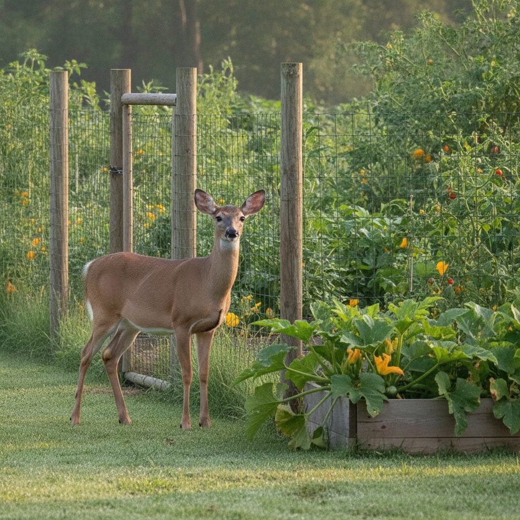 A white-tailed deer standing outside a tall garden fence, a simple way to keep deer out of your garden