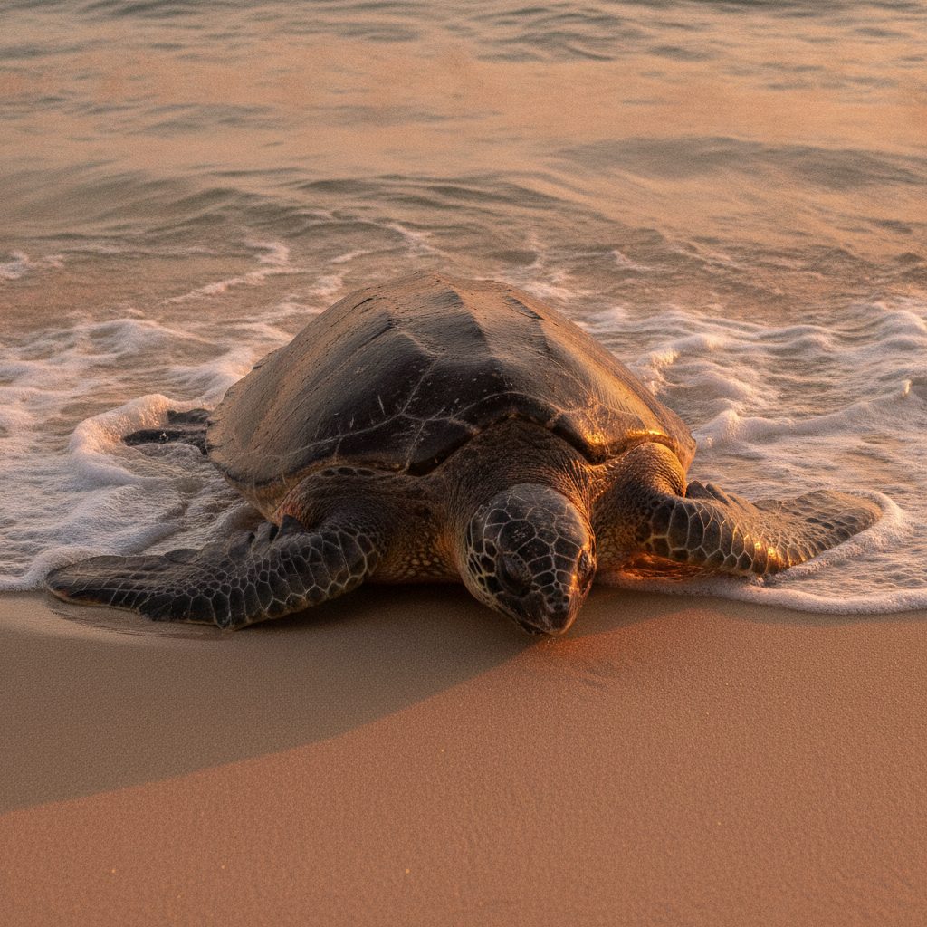 Female leatherback sea turtle crawling up a Florida nesting beach at dawn during the March to October leatherback sea turtle nesting season.