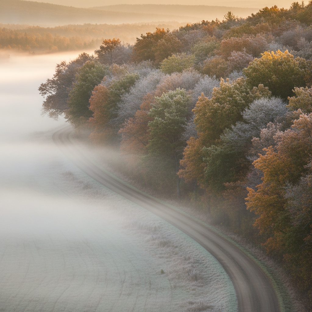 Meteorological fall in a New England maple grove with early September light frost and morning fog rolling through amber leaves