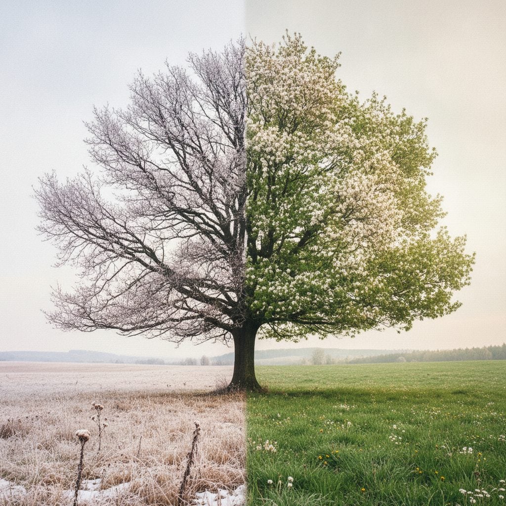 Tree split between bare winter branches and white spring blossoms, showing the meteorological seasons shift from winter to spring
