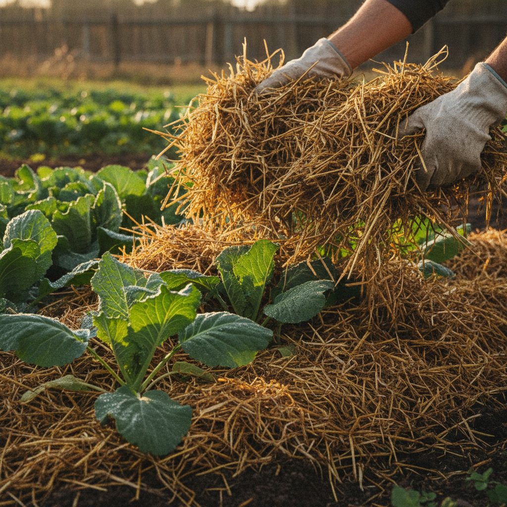 Gardener spreading straw mulch around vegetable plants in dark soil to stop weeds, a natural mulching method