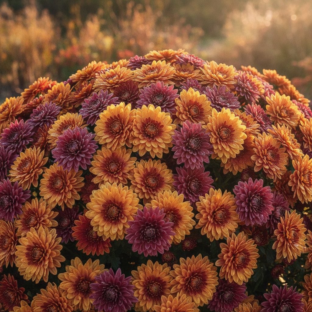 Cluster of golden, red, and purple chrysanthemum blooms in an autumn garden, the November birth flower
