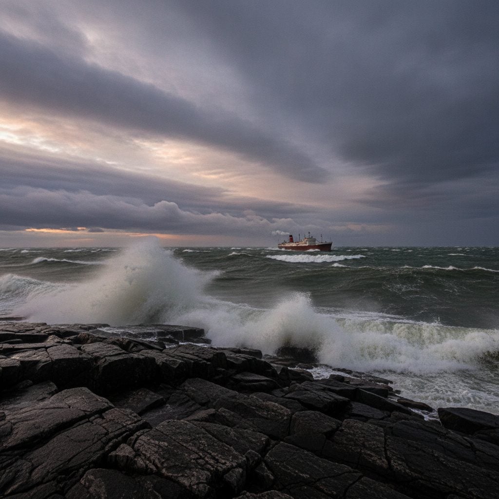 Towering storm waves and steel-gray skies of a November Witch gale battering a Great Lakes shoreline with a distant freighter