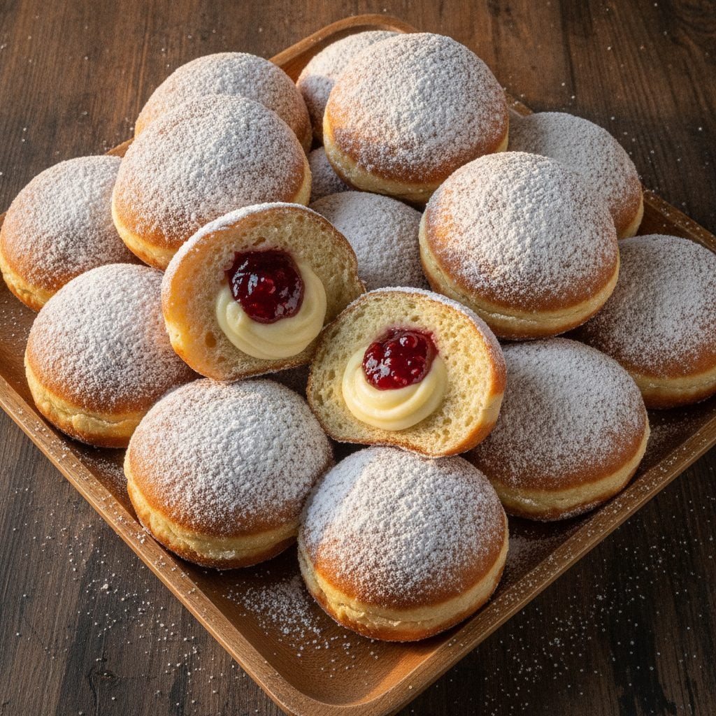 A tray of freshly fried pączki dusted with powdered sugar and filled with raspberry jam, ready for Pączki Day on Fat Tuesday