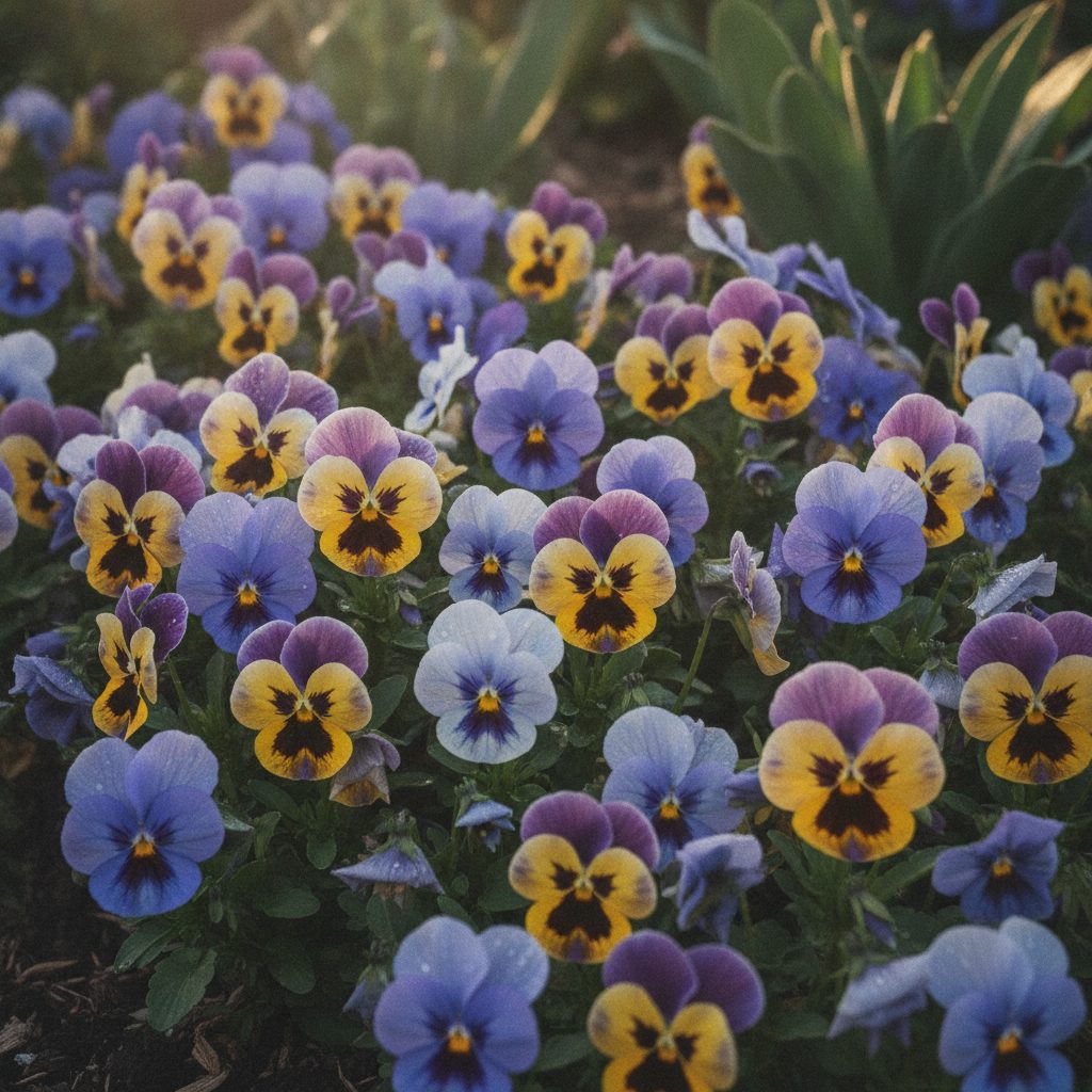 A garden bed of colorful pansies blooming in purple, yellow, blue, and white, showing why pansies are easy cool-season flowers