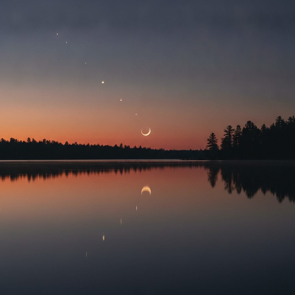Parade of planets 2023: bright Venus, a crescent Moon, Jupiter and Mars arrayed above a still lake horizon at twilight.