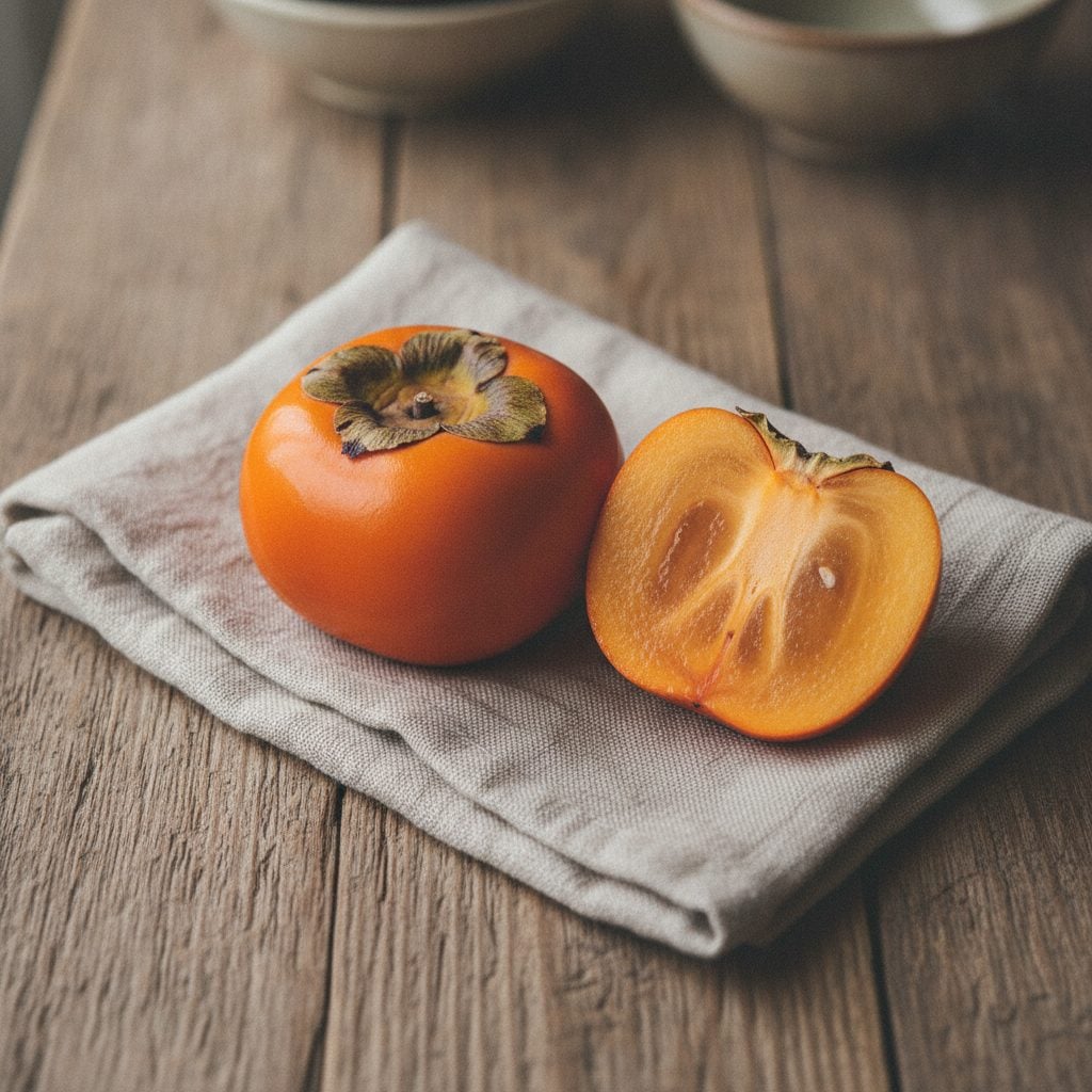 Whole and sliced ripe orange persimmons on a wooden table showing the persimmon health benefits of this sweet fruit