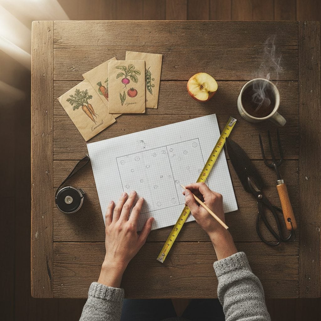 A gardener sketching a vegetable garden layout on graph paper with seed packets and a tape measure, one way to plan your garden
