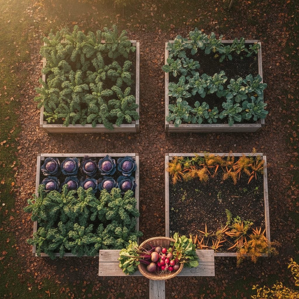 Overhead view of a raised-bed vegetable garden ready to plant a fall garden with kale, cabbage, carrots, and freshly harvested beets in golden autumn light.