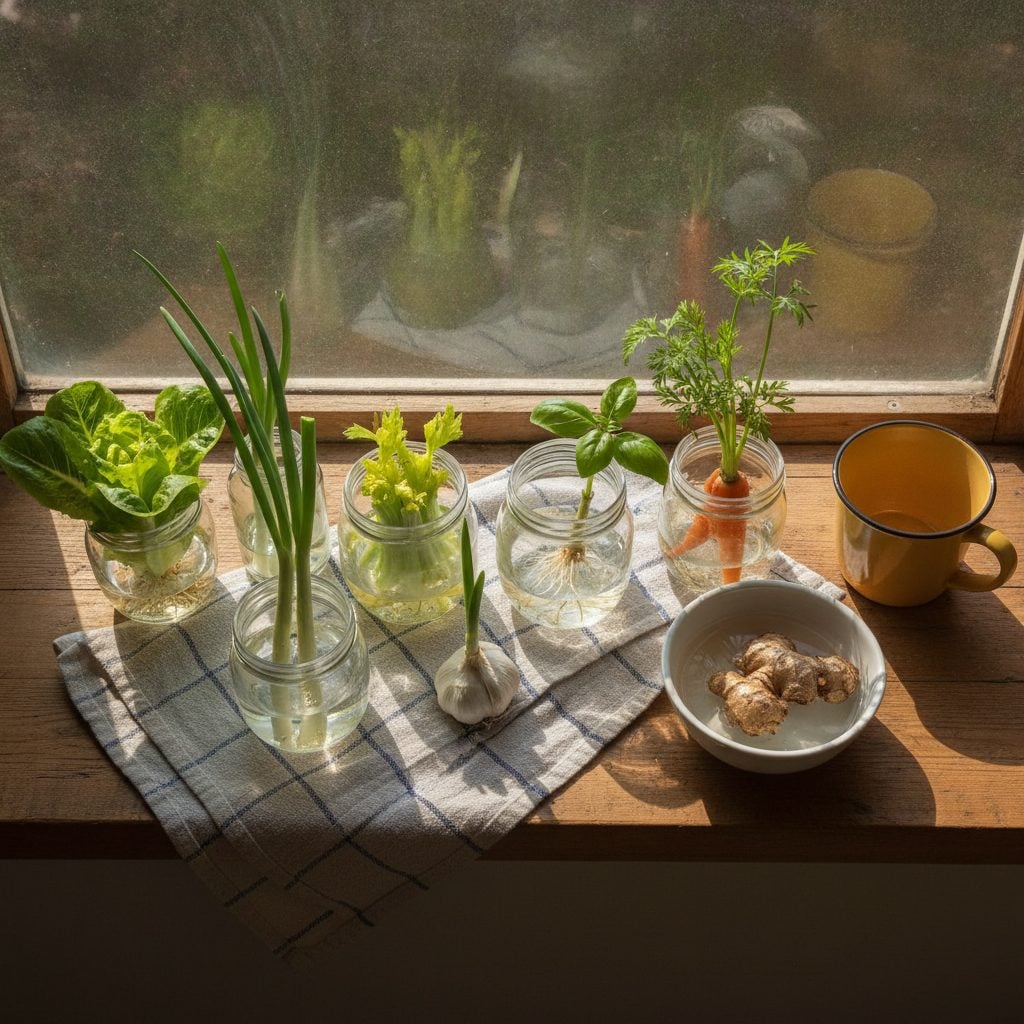 Seven kitchen scraps regrowing on a sunny farmhouse windowsill, showing lettuce base, scallions, celery, garlic, basil, carrot tops, and ginger sprouting fresh green shoots