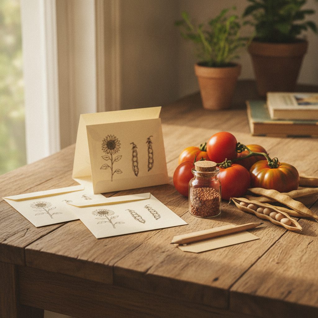 Kitchen table with labeled paper envelopes, dried tomato and bean seeds, and heirloom vegetables, showing how to save seeds at home.