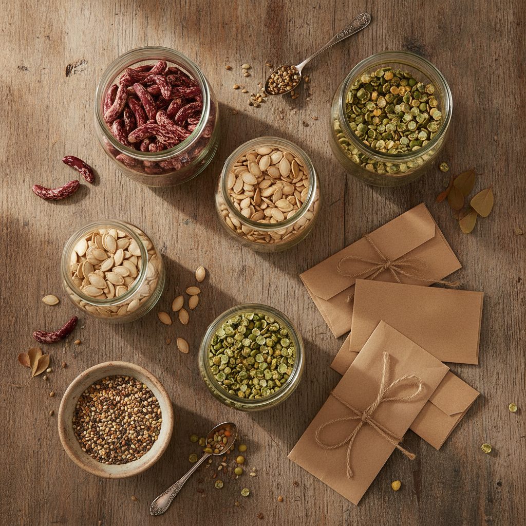 Open glass jars and brown paper packets of dried heirloom seeds, including beans and tomato seeds, saved on a wooden table