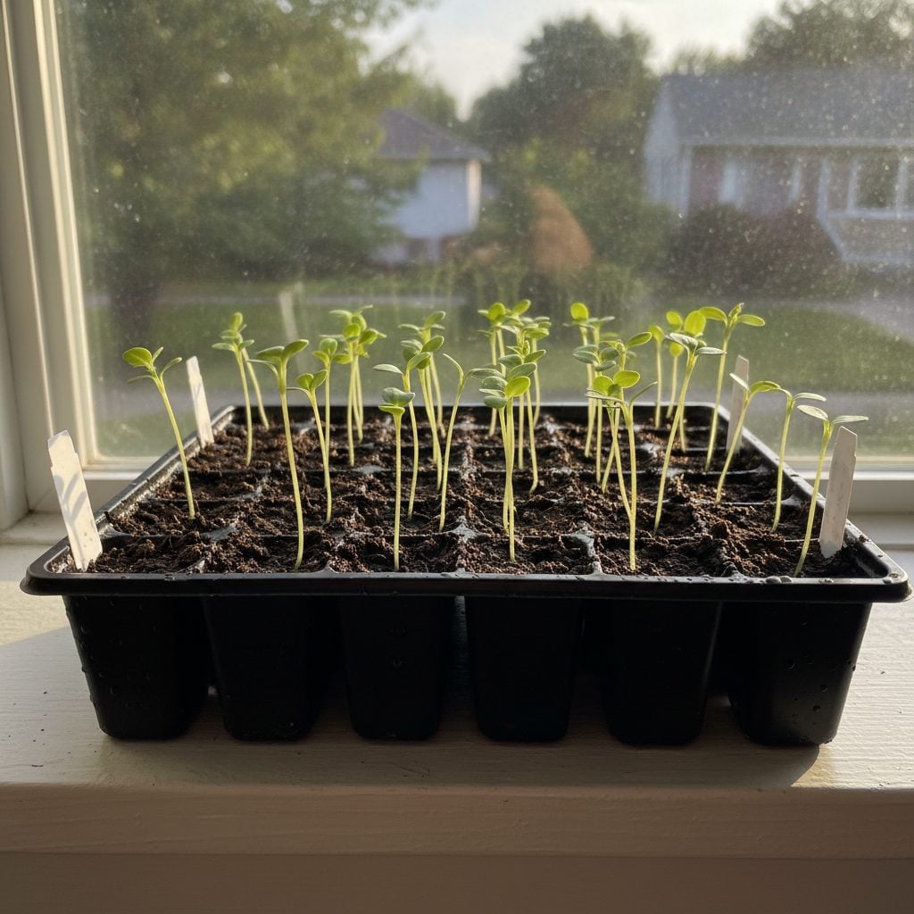 Rows of young seedlings sprouting in a seed starting tray under a bright window, showing seed starting basics indoors