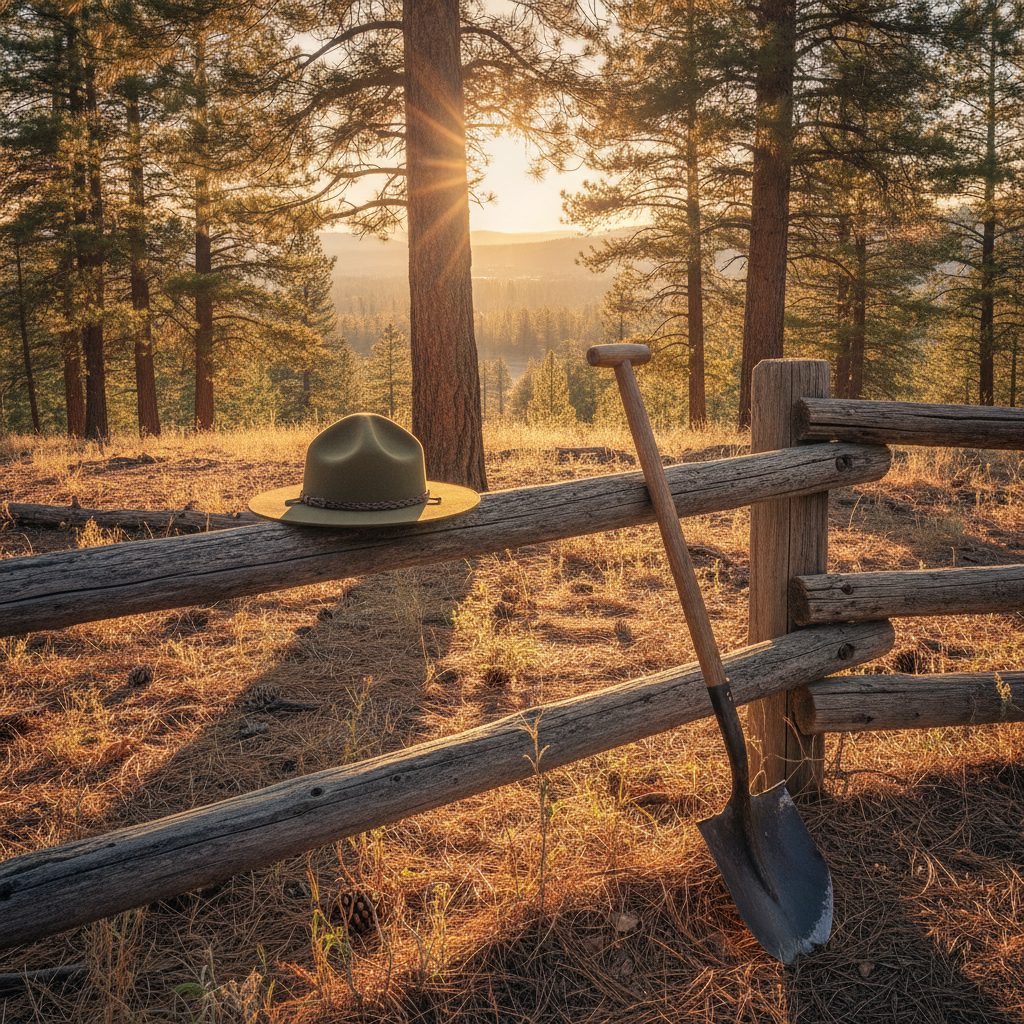 A forest ranger hat and shovel at the edge of a sunlit pine forest, evoking Smokey Bear and wildfire prevention