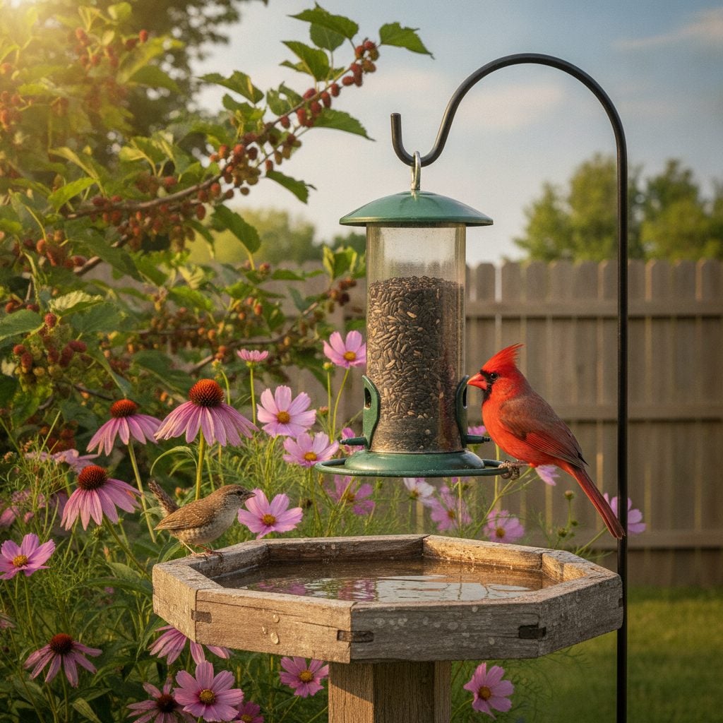 Northern Cardinal songbird perched on a backyard hopper feeder beside a birdbath and coneflowers on a bright spring morning