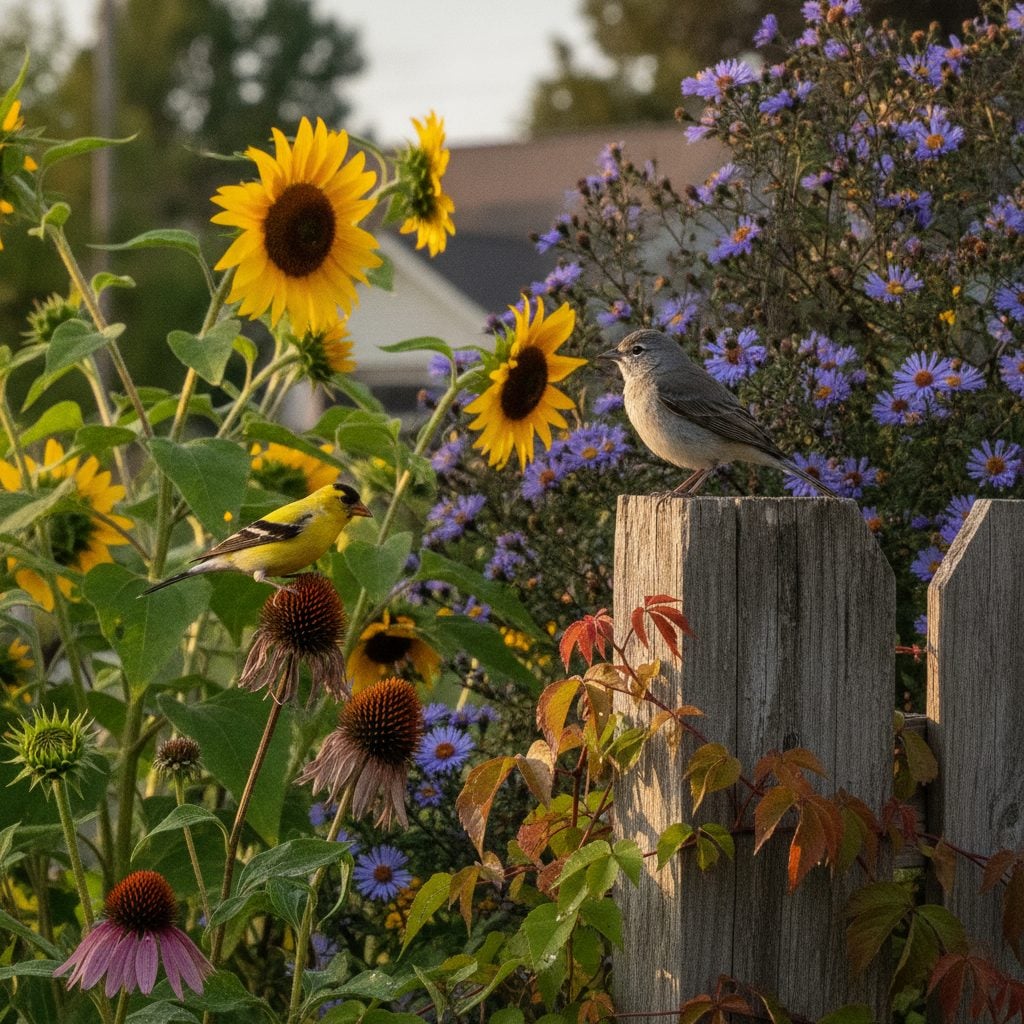 American Goldfinch and Eastern Phoebe songbirds visiting a backyard native pollinator garden in late summer