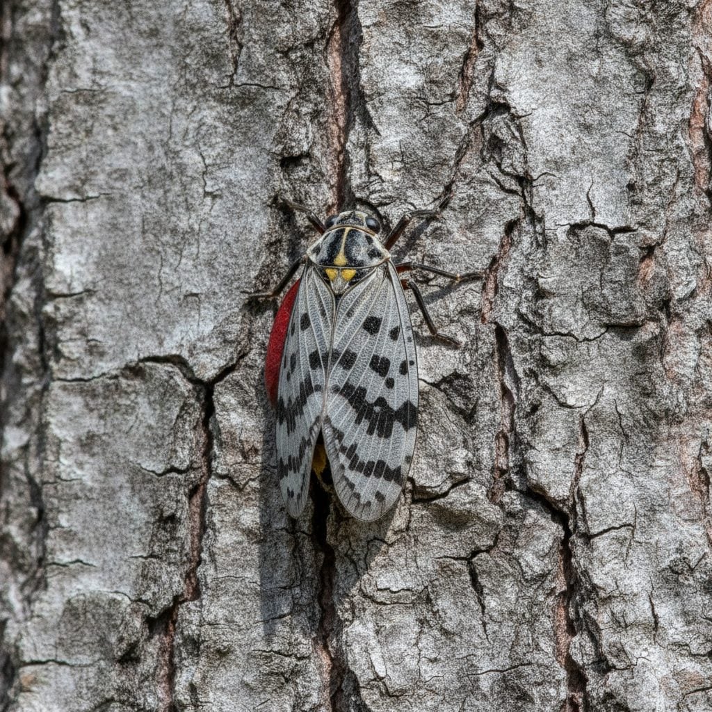 Adult spotted lanternfly on tree bark showing gray spotted forewings and red hindwing markings