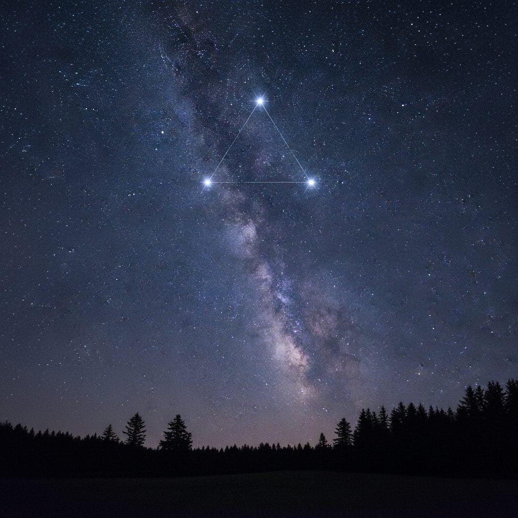 The Summer Triangle of three bright stars over a dark rural horizon with the faint Milky Way, showing Vega, Deneb, and Altair