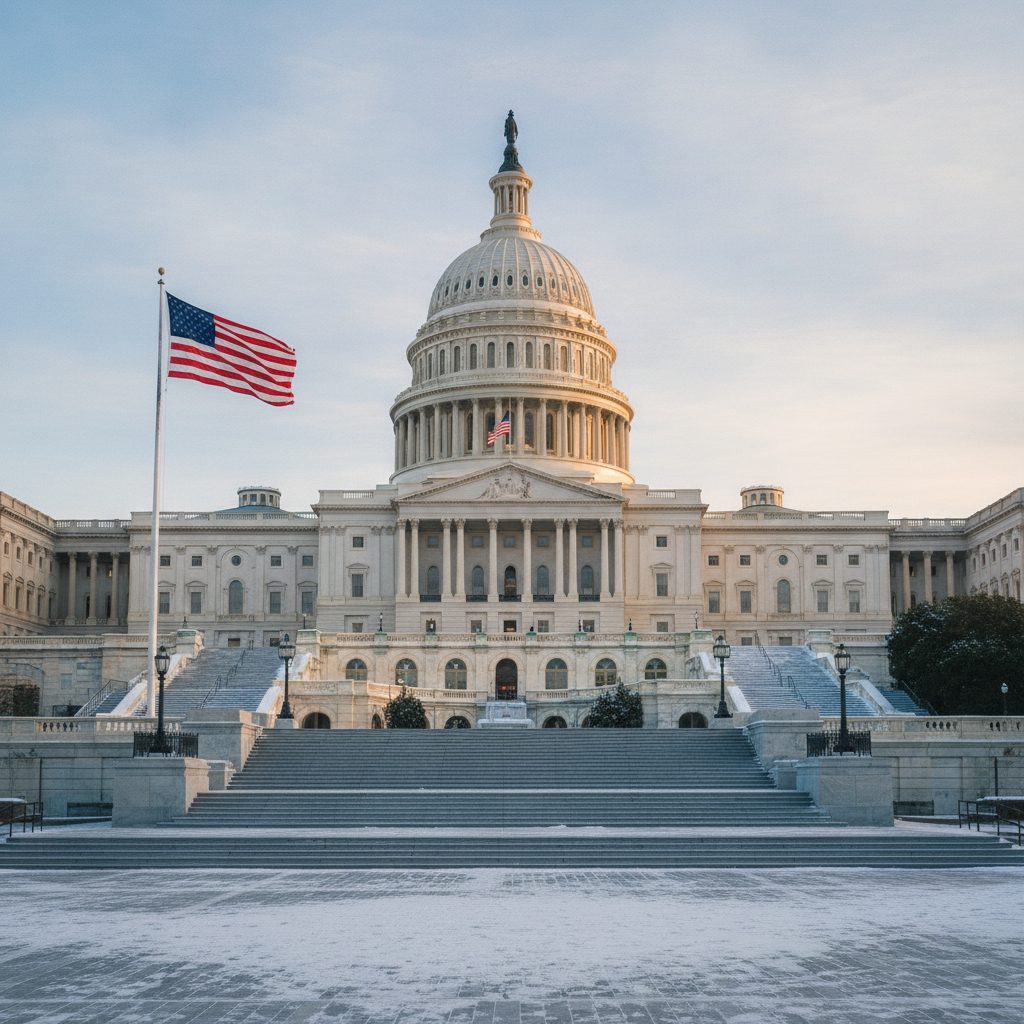U.S. Capitol West Front on a bright winter morning with a light dusting of snow, evoking why do we swear in presidents in January on the 20th Amendment date