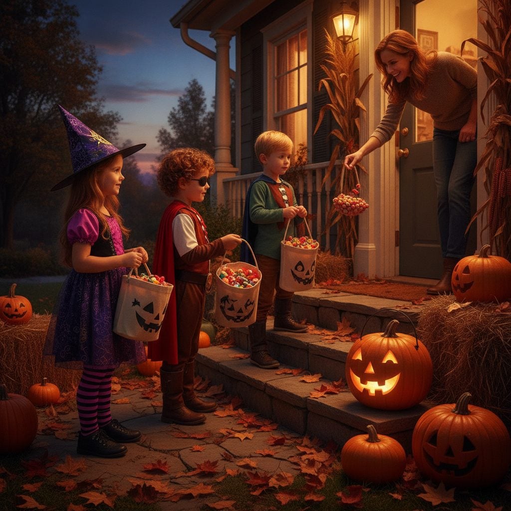 Children in Halloween costumes trick or treating at a lit doorway, holding bags open for candy from a neighbor