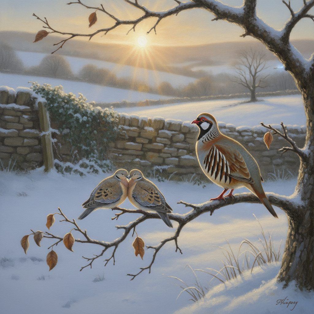 A red-legged partridge perched in a snow-dusted pear tree with turtle doves nearby, illustrating the twelve days of Christmas birds tradition.