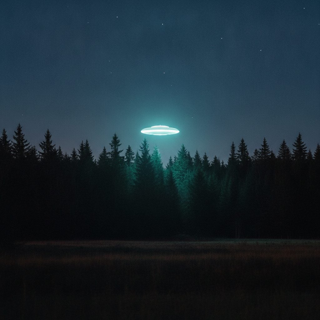 A glowing disc of light hovering above a dark rural treeline at dusk, the kind of view behind many a UFO sighting report