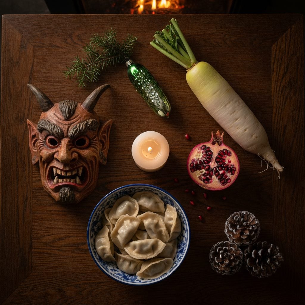 Flat lay of winter traditions from around the world including a candle, pomegranate, dumplings, Krampus mask, glass pickle ornament and radish on an oak table