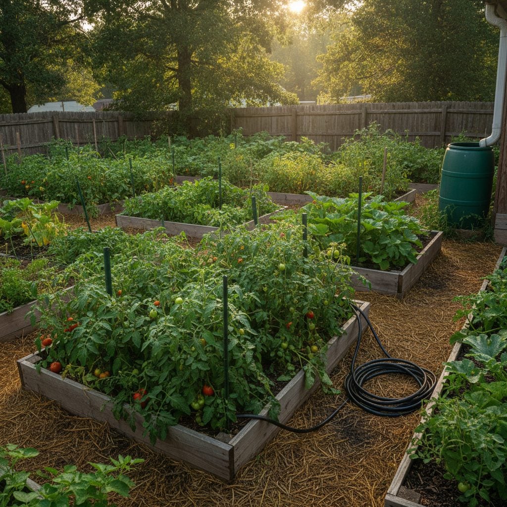 Backyard vegetable garden set up for vacation garden care with soaker hose weaving through tomato beds and a rain barrel at sunrise