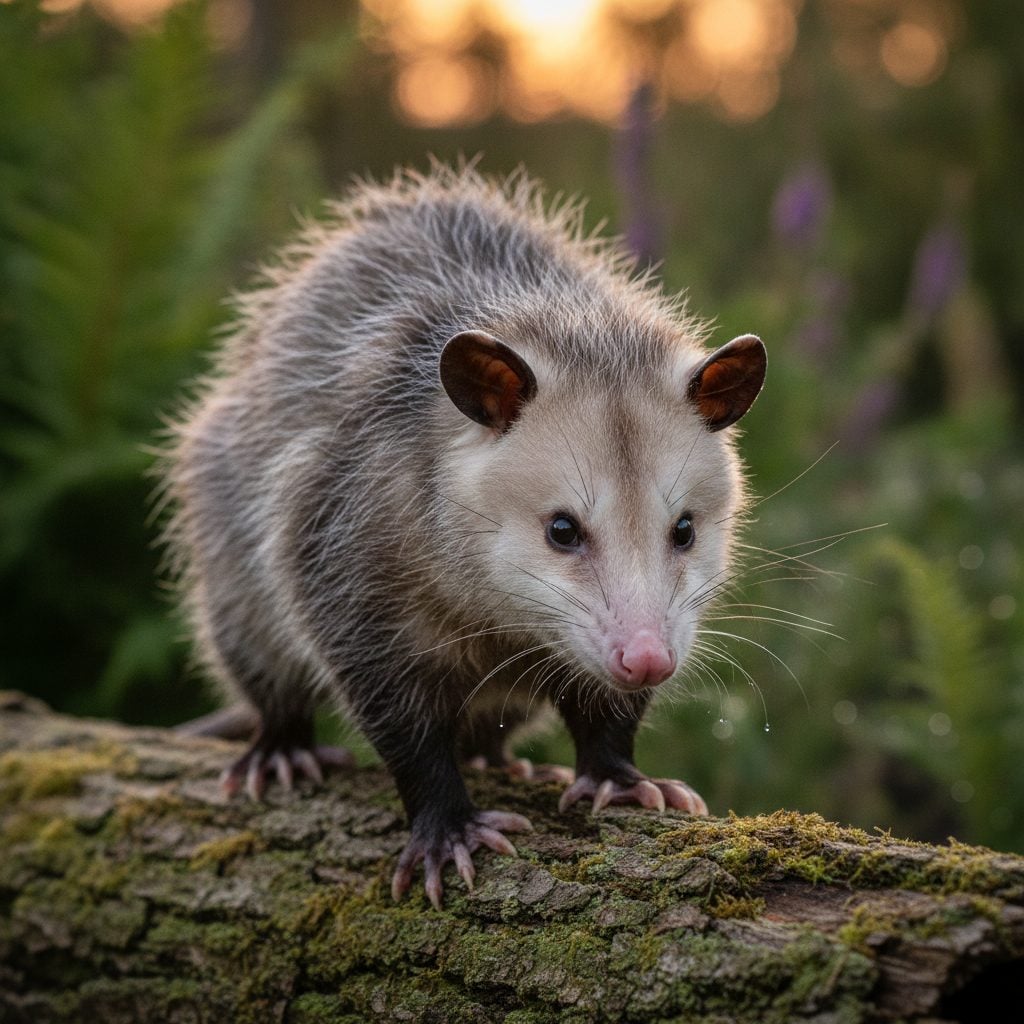 A Virginia opossum standing on a mossy log in a backyard garden at dusk, one of many fascinating opossum facts