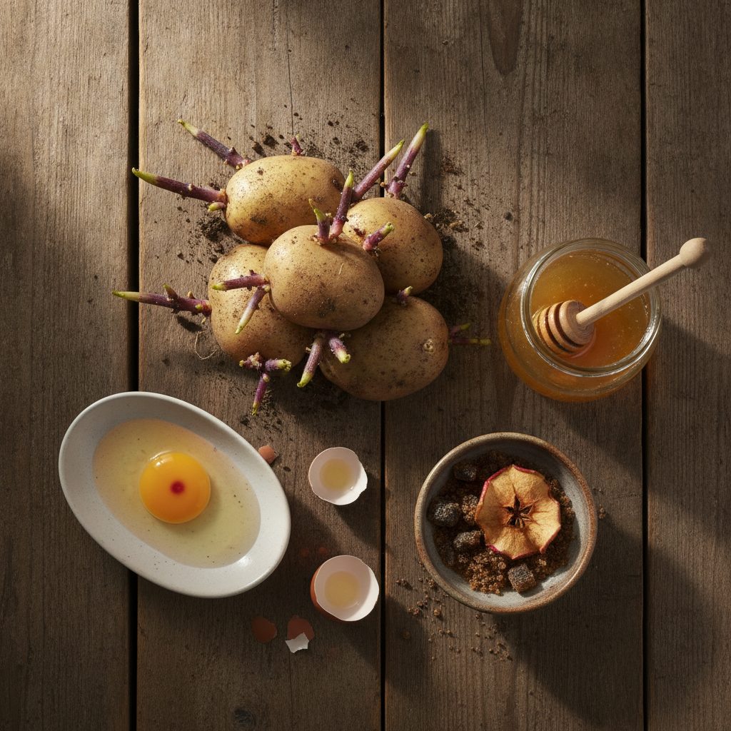 Sprouted potatoes, crystallized honey, hardened brown sugar with apple slice, and a blood-spot egg on a rustic wood table showing when good food looks bad but is still safe