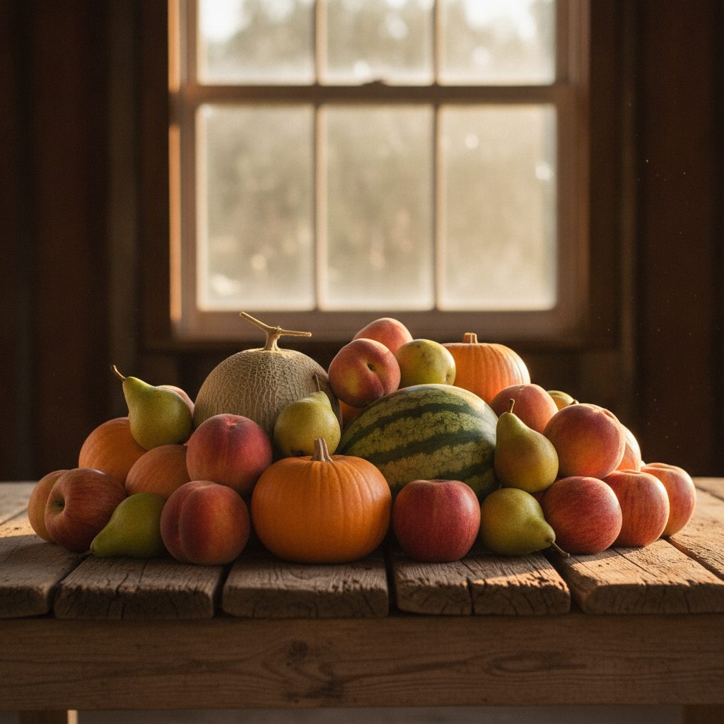 A rustic farm table of cantaloupe, watermelon, pumpkin, peaches, pears, and apples showing when to harvest fruits at peak ripeness.