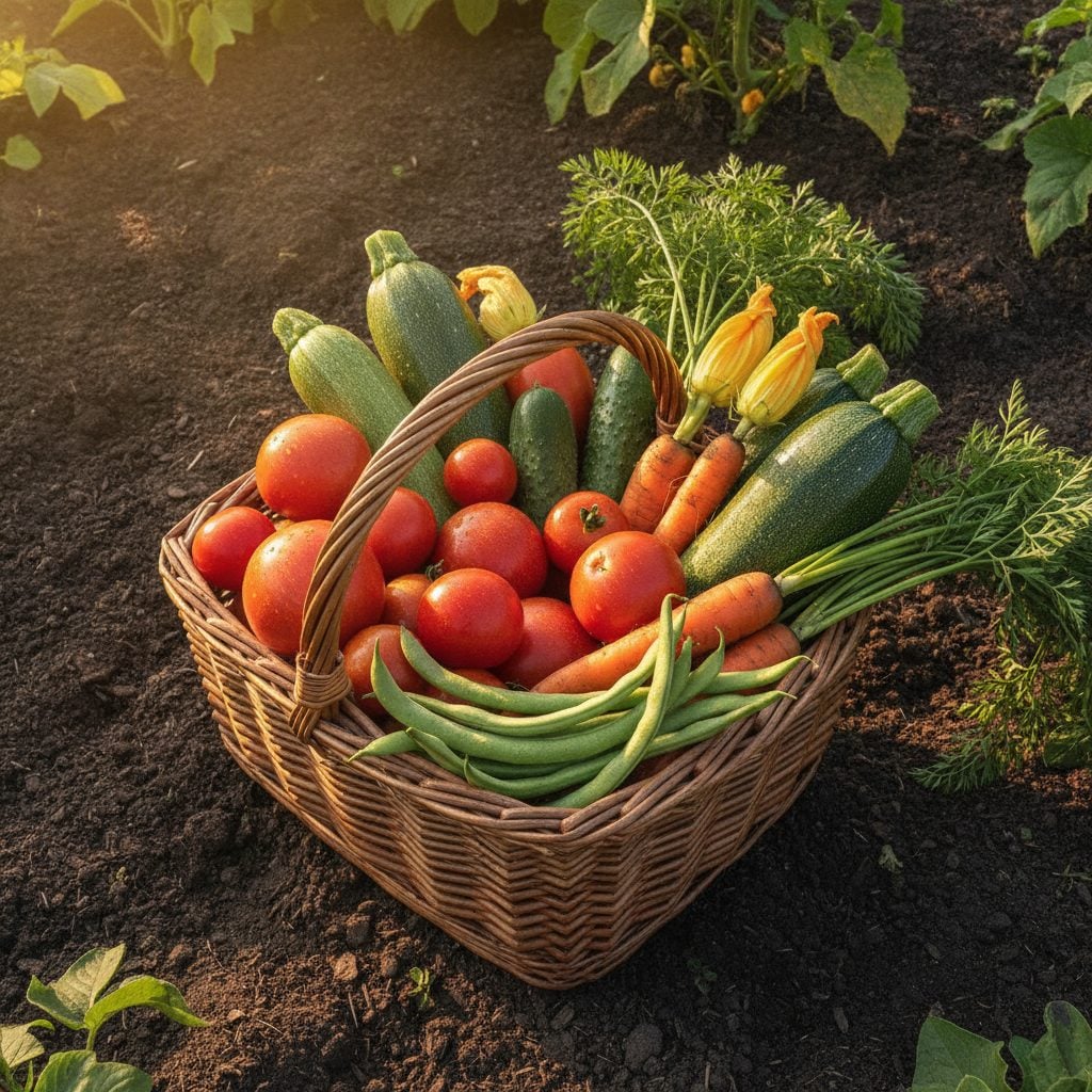 Freshly picked home-garden basket of tomatoes cucumbers carrots and beans showing when to harvest vegetables at peak ripeness