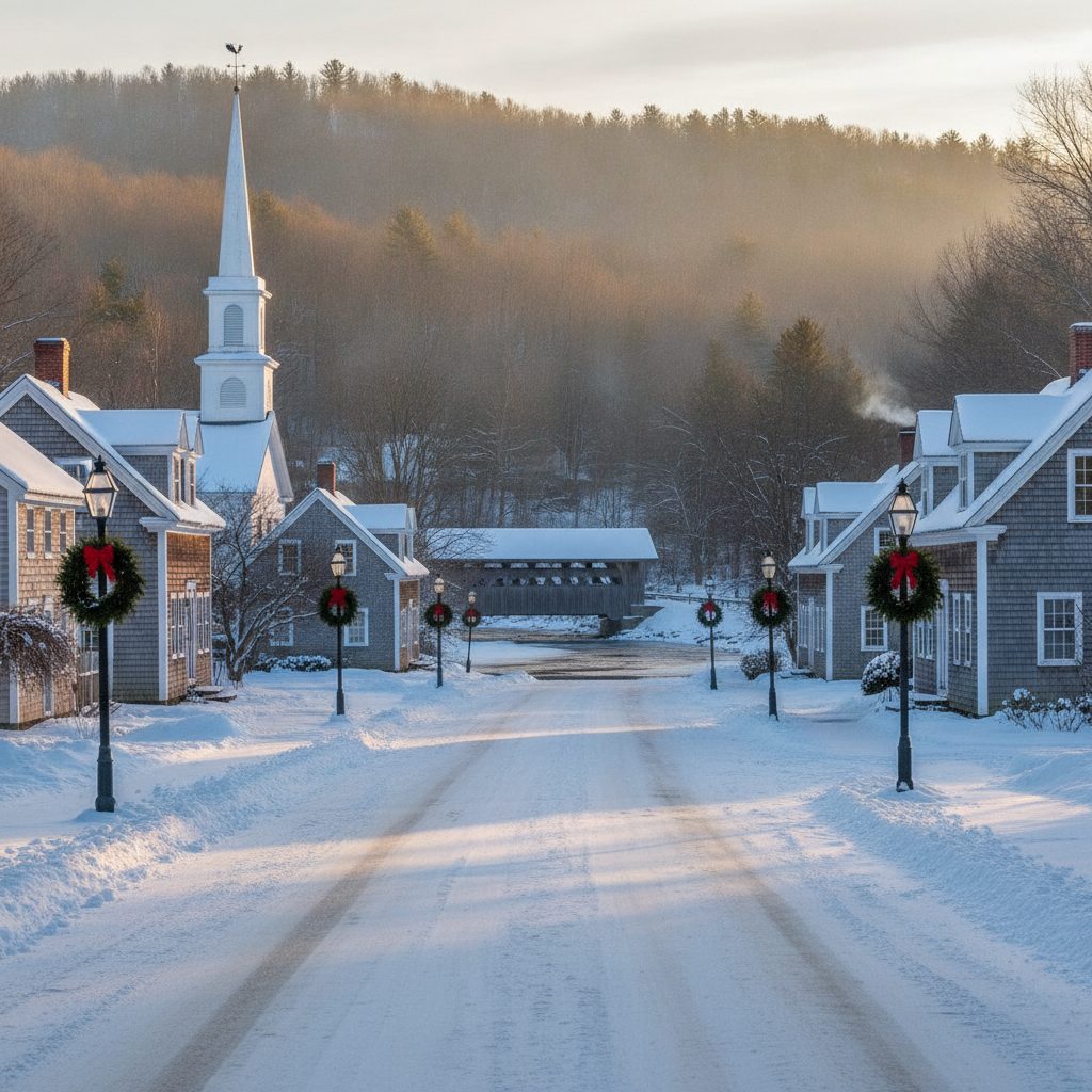Snowy New England village at sunrise on Christmas morning with a covered bridge and church steeple under fresh untouched snow, a classic white Christmas