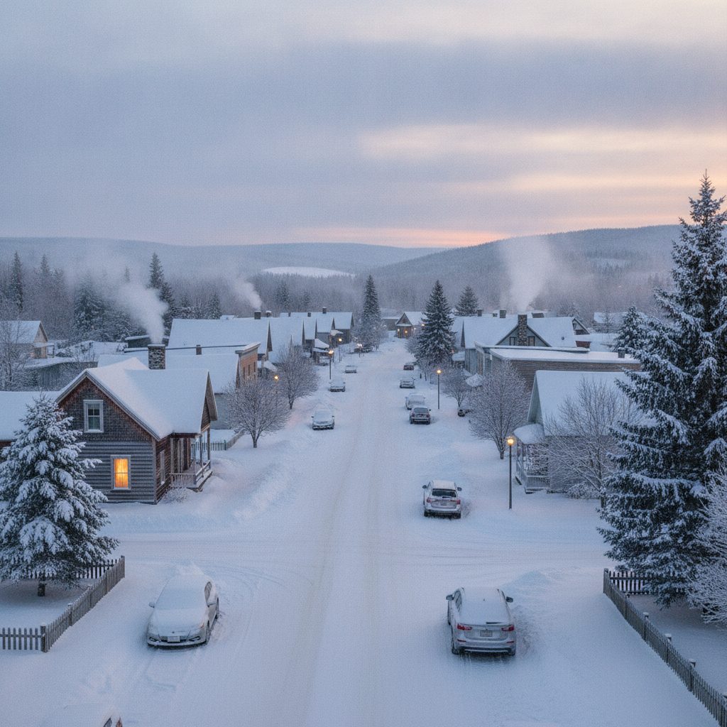 A snow covered small town glowing at dawn on a White Christmas morning, with woodsmoke rising from chimneys over a quiet main street