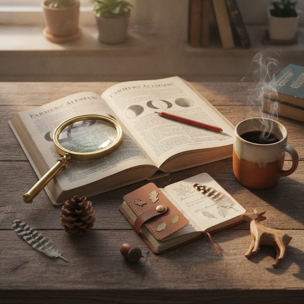 Wildlife knowledge quiz scene: an open Farmers' Almanac, magnifying glass, red pencil, notebook, pine cone, acorn, feather, and small carved deer on a rustic desk.