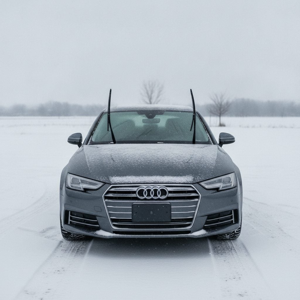 Car parked in snow with its windshield wipers propped up off the frozen glass on a cold winter morning