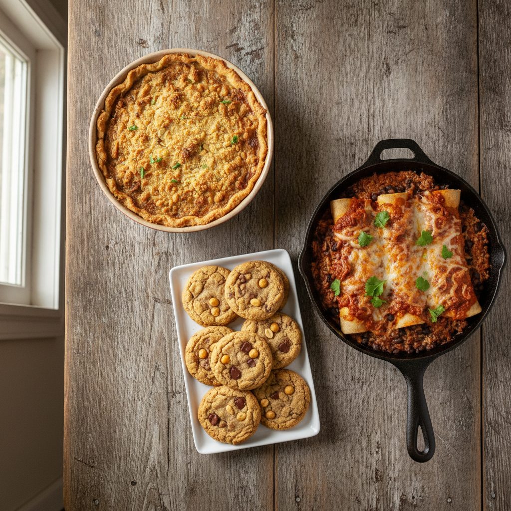 The three 2024 winning bean recipes together: a cannellini bean crumb pie, chickpea cookies, and black bean enchiladas